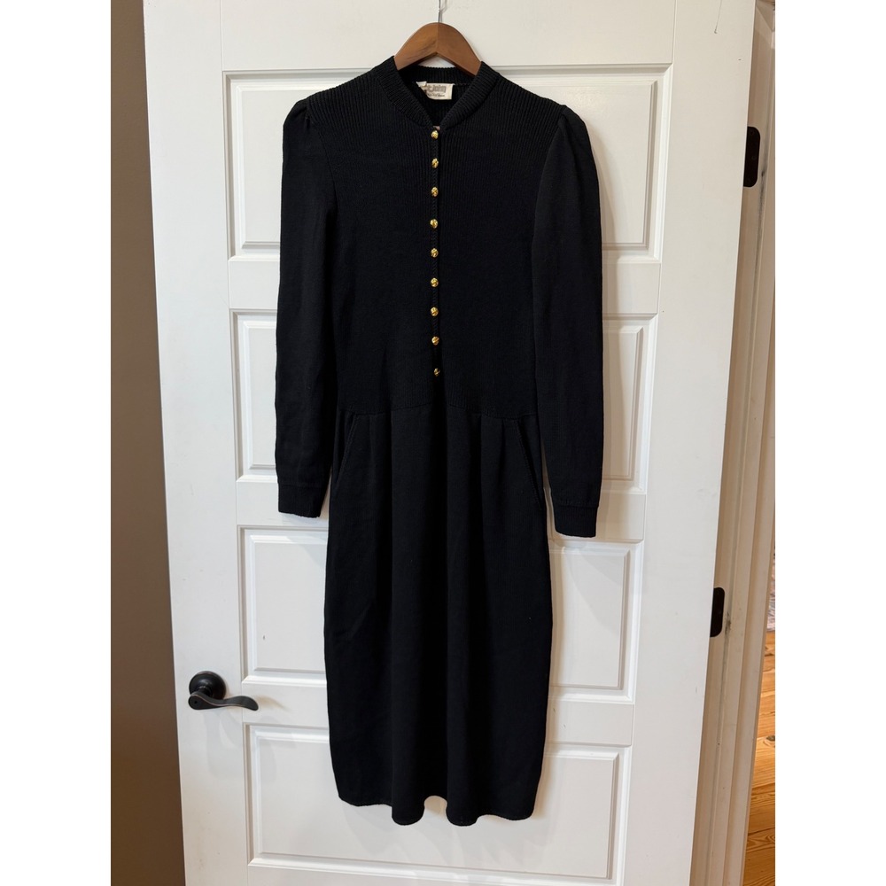 VTG St. John Saks 5th Avenue Black Santana Knit Midi Dress Gold Buttons Medium - Picture 2 of 8
